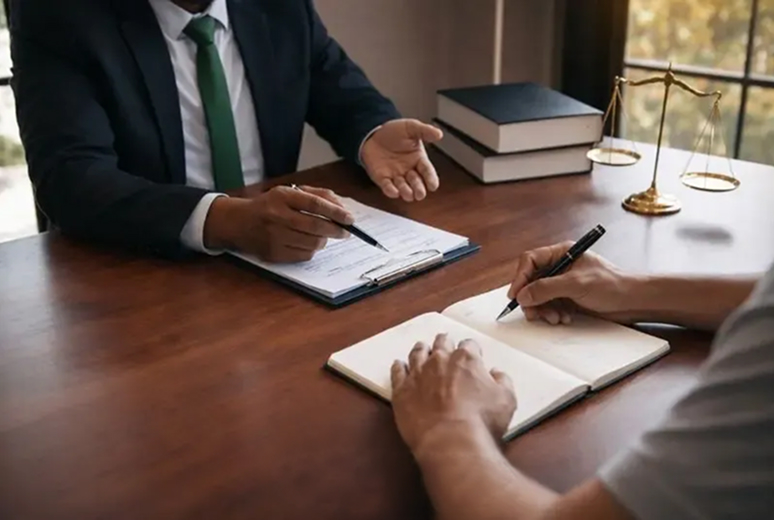 Two people discussing legal documents