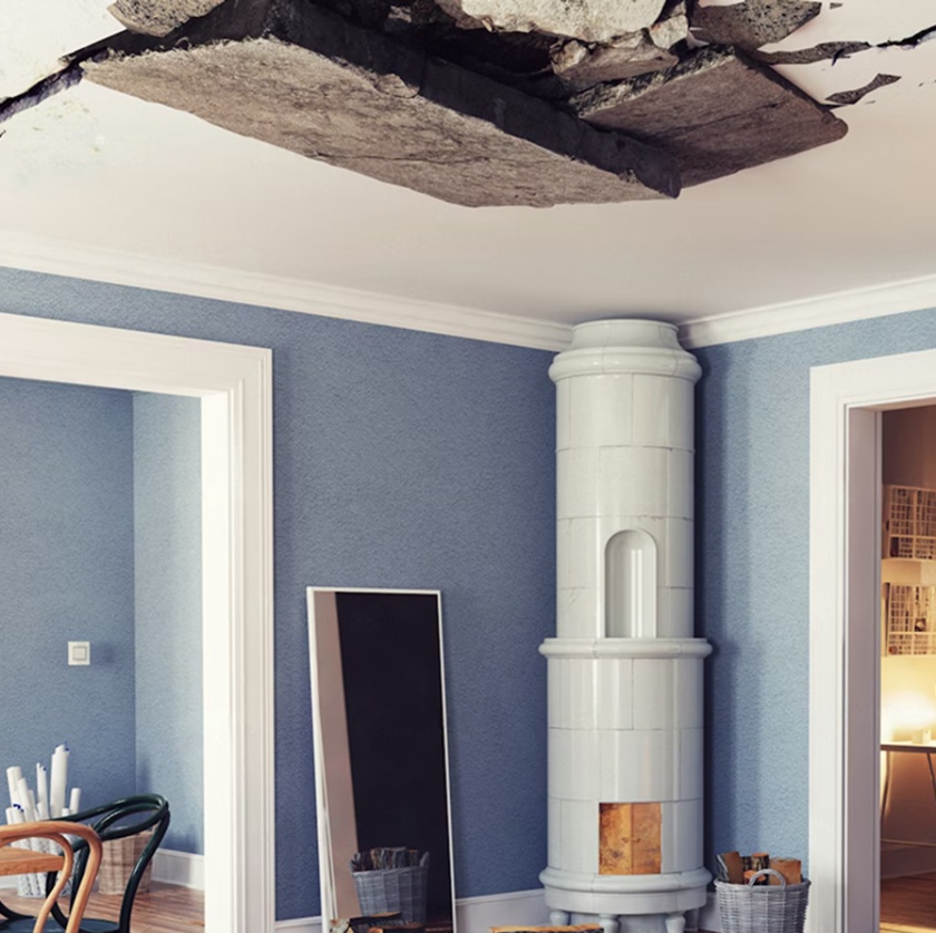 Ceiling collapse in modern interior room