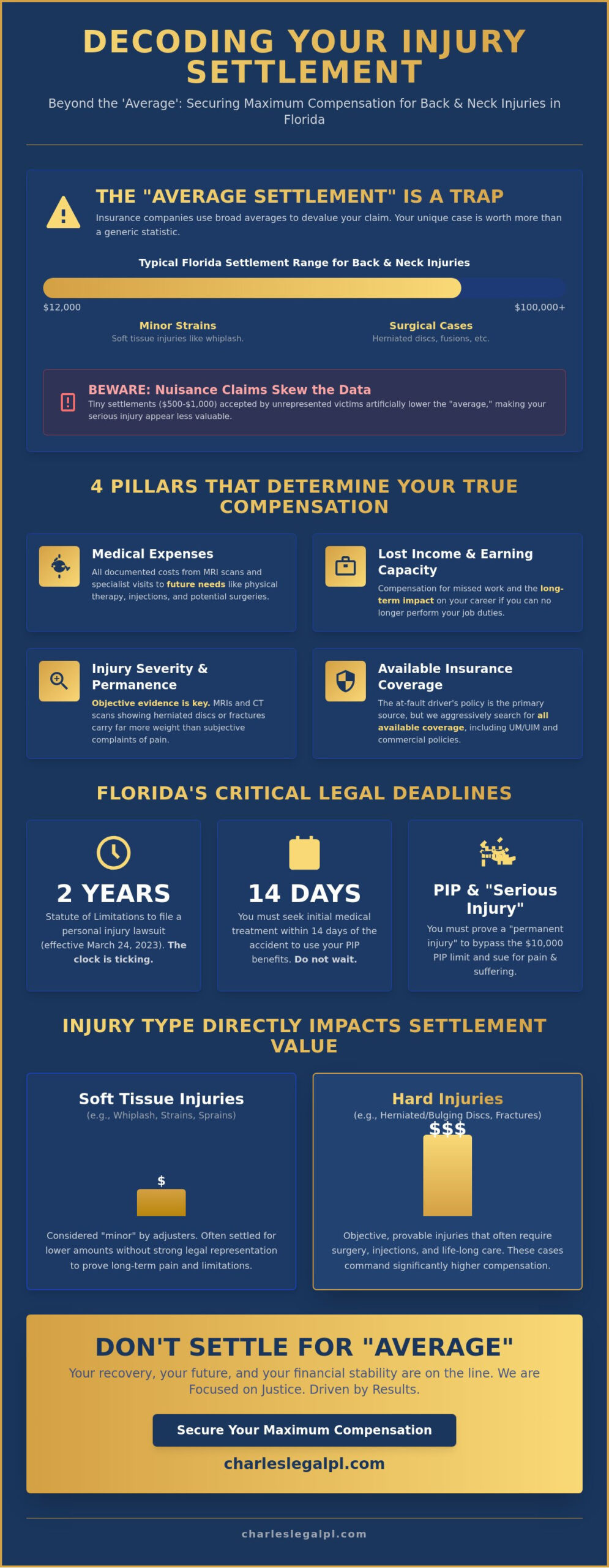Infographic titled "Decoding Your Injury Settlement" detailing average settlement ranges for back and neck injuries in Florida, emphasizing the impact of injury type on compensation, with sections on medical expenses, lost income, and critical legal deadlines.