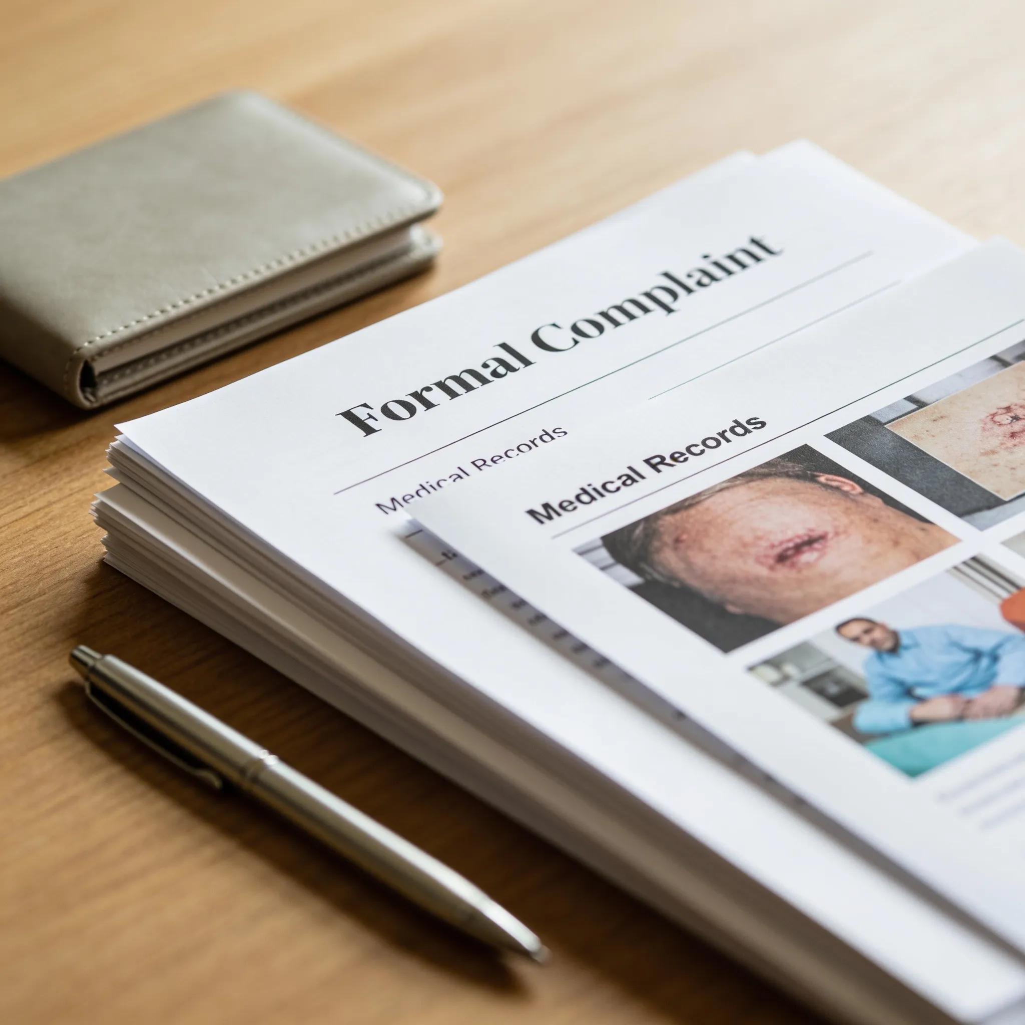 Workstation with personal injury claim documents illustrating the filing process