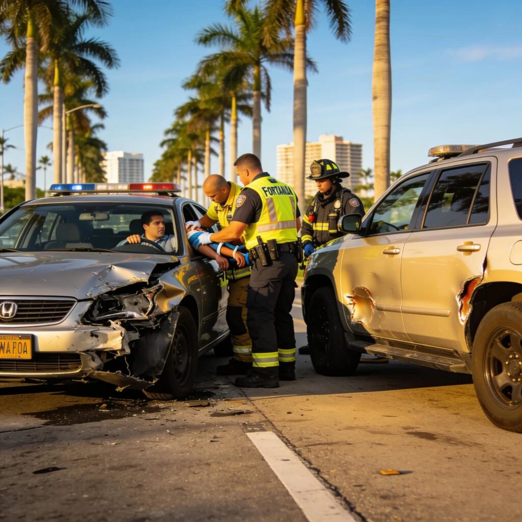 Fort Lauderdale emergency scene depicting vehicle accident with responders.