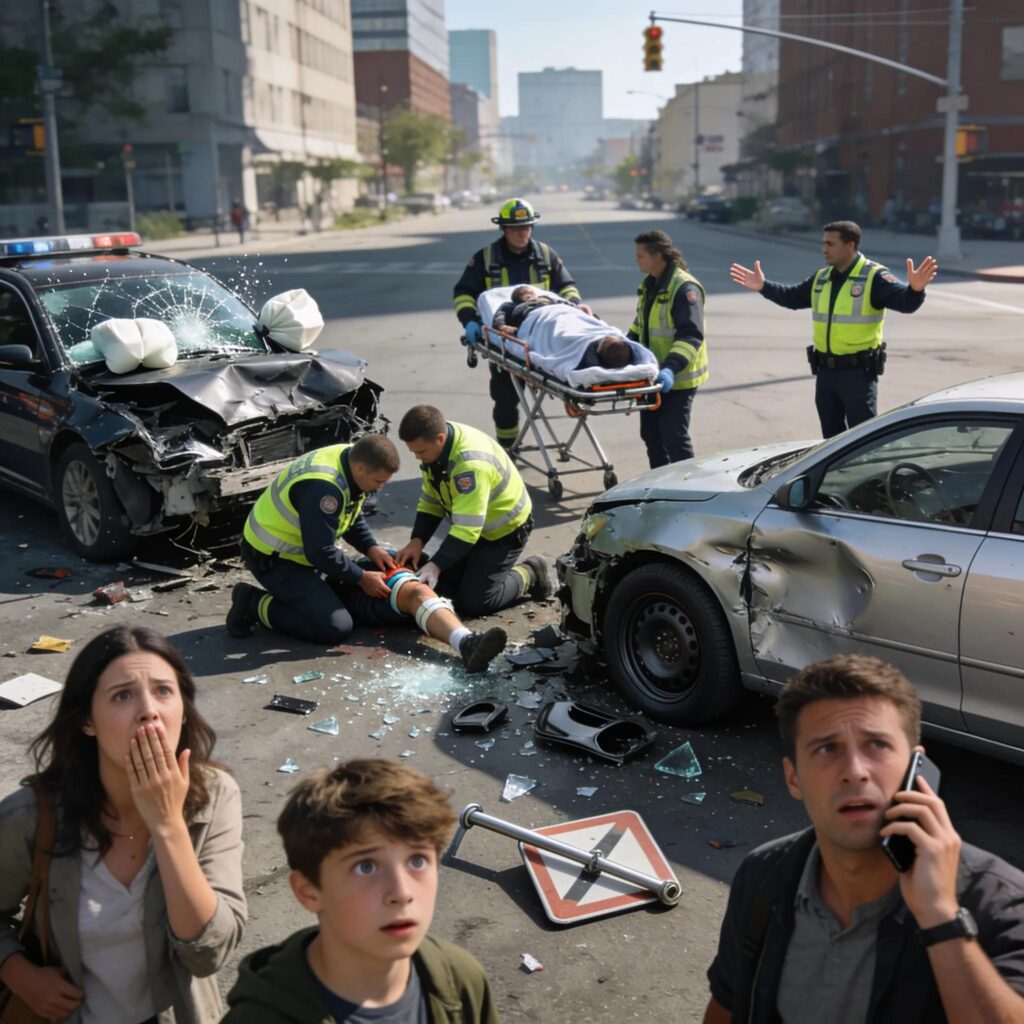 Scene of a car accident aftermath, showcasing emergency responders with vehicles and bystanders