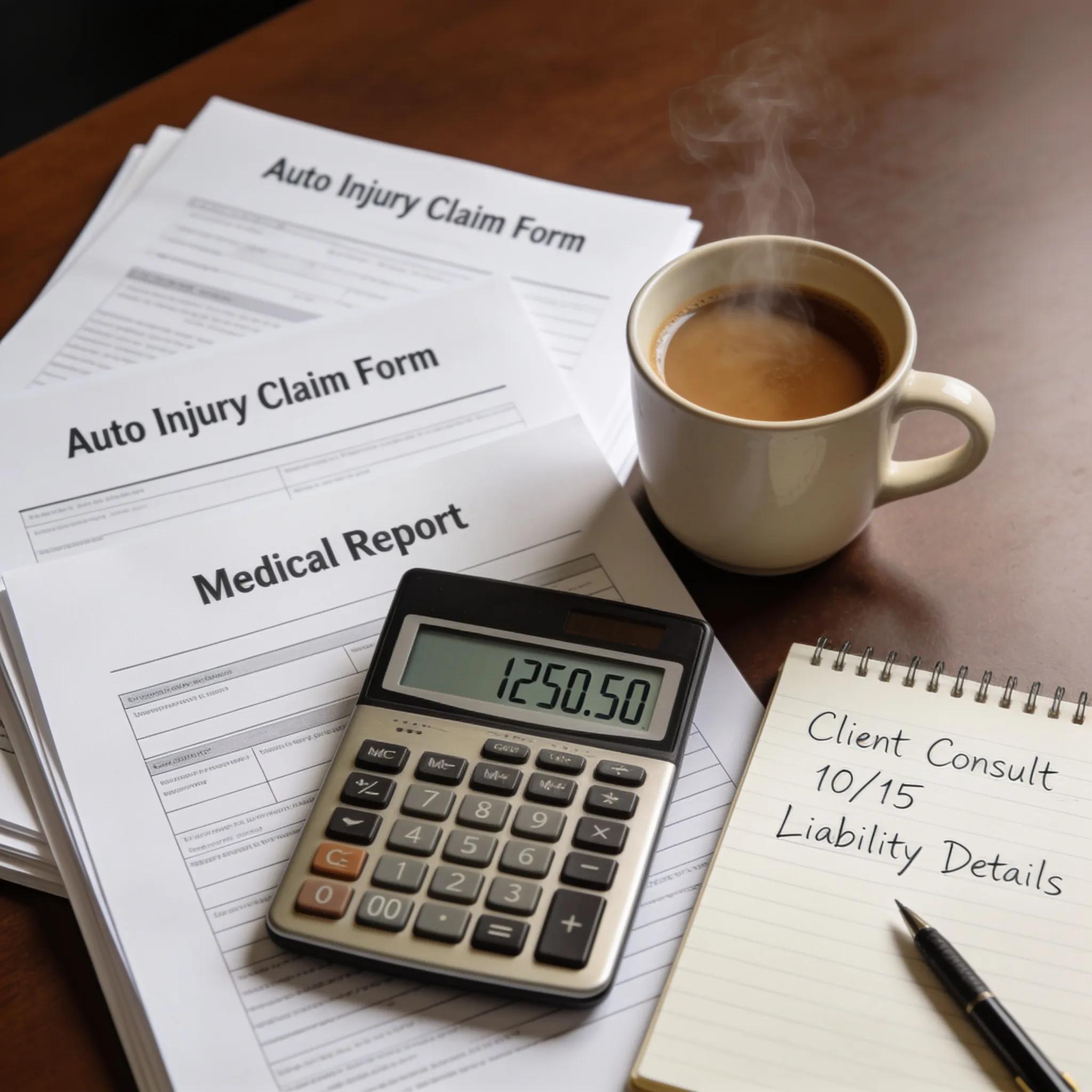 Lawyer's desk with documents and calculator for calculating auto injury damages.
