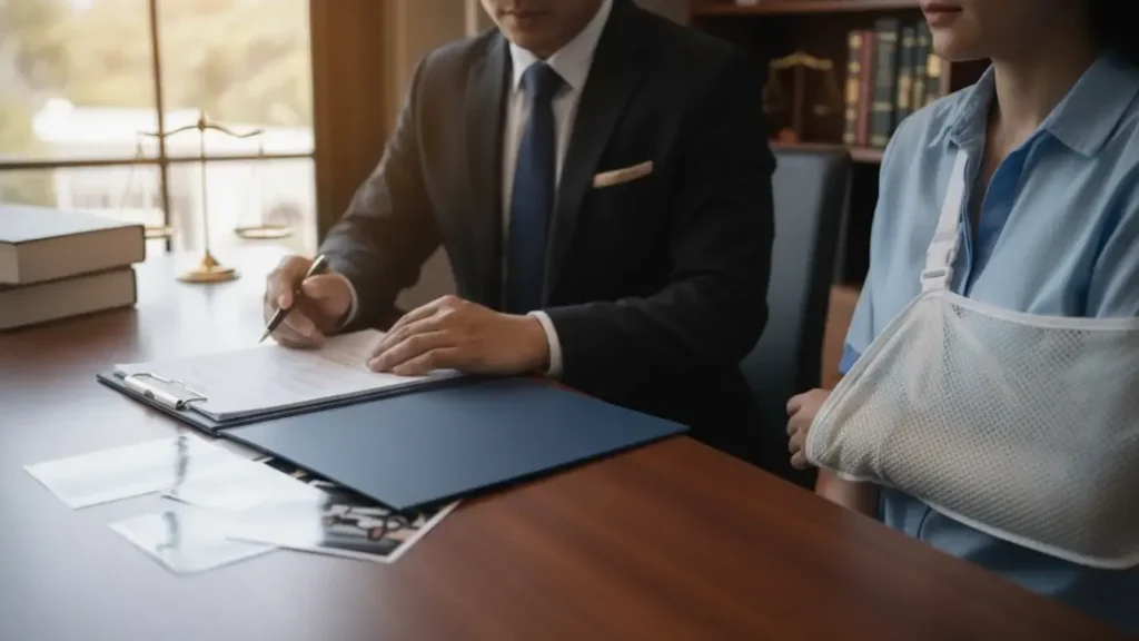 Attorney and client reviewing organized burn injury records during a case consultation