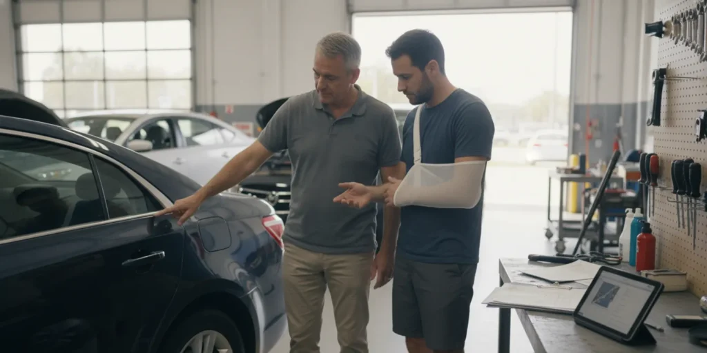 Repaired car being examined beside a repair estimate and vehicle records