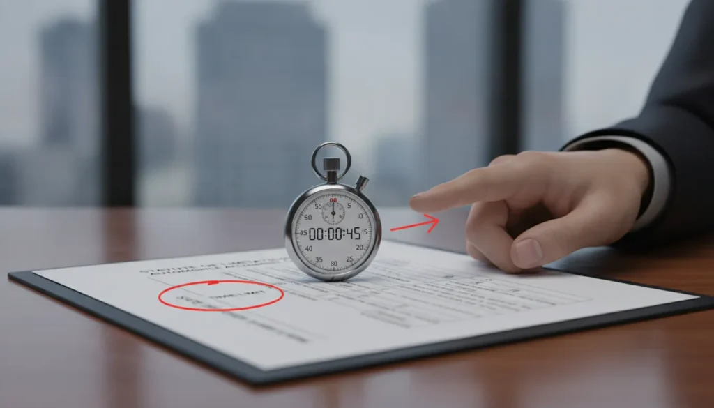 Stopwatch beside paperwork about car accident claim filing deadlines.