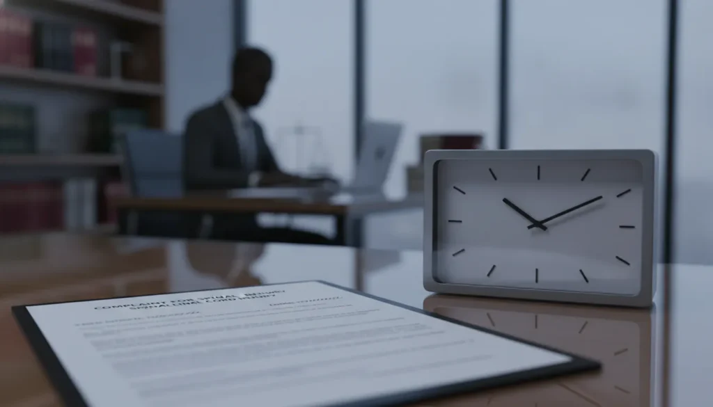 Clock beside legal documents on a desk for a spinal cord injury lawsuit filing deadline.