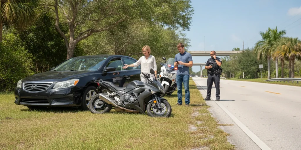 Motorcycle and car stopped safely near the roadside after a collision