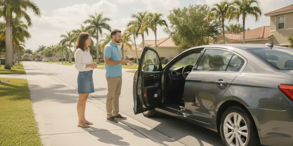 A rideshare vehicle stopped safely at a South Florida intersection after a collision