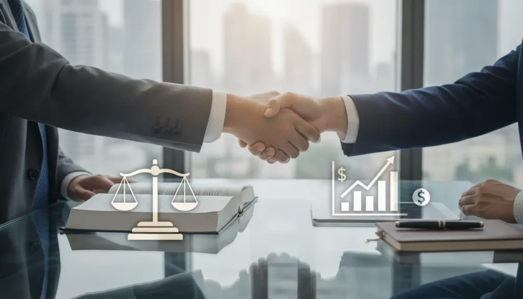 Businesspeople shake hands over legal and financial documents about personal injury lawyer costs.