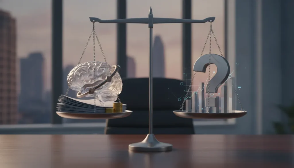 Scales weighing a brain, coins, and legal documents represent how much a brain injury lawsuit may be worth.