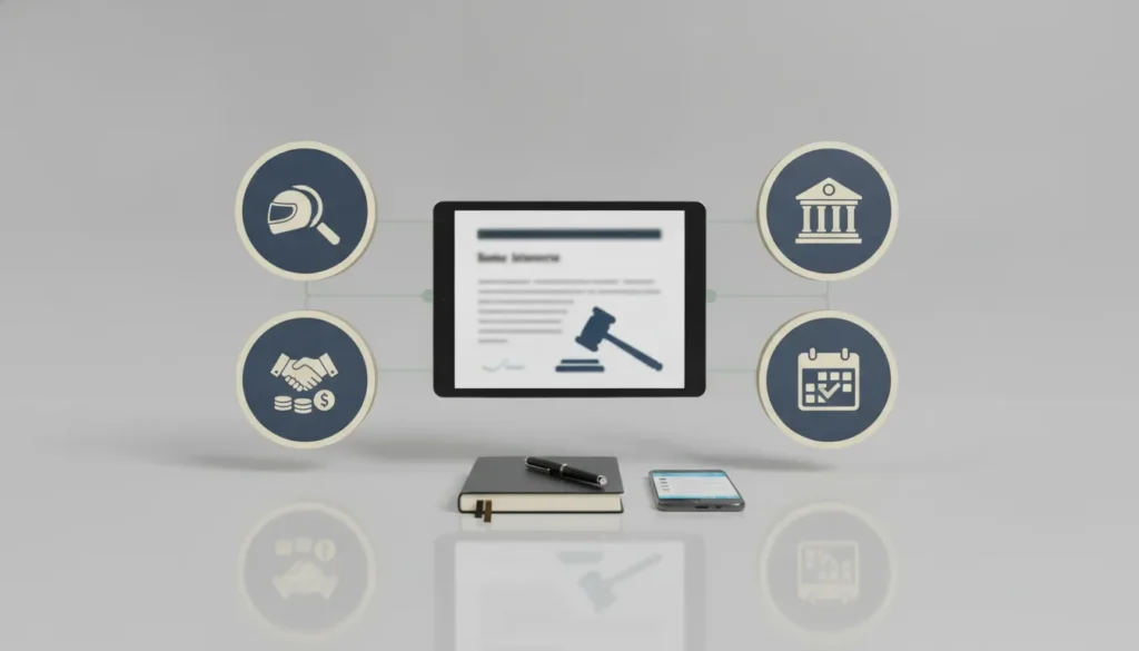 Tablet displaying a helmet, courthouse, handshake, and calendar for choosing a motorcycle accident lawyer.