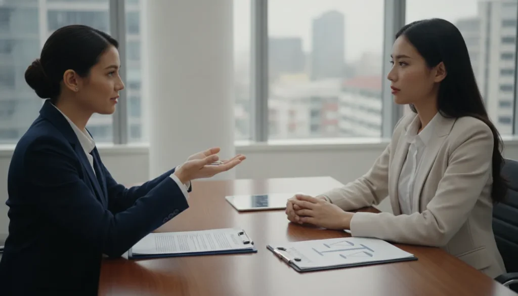 Two women in business attire reviewing documents during a meeting.