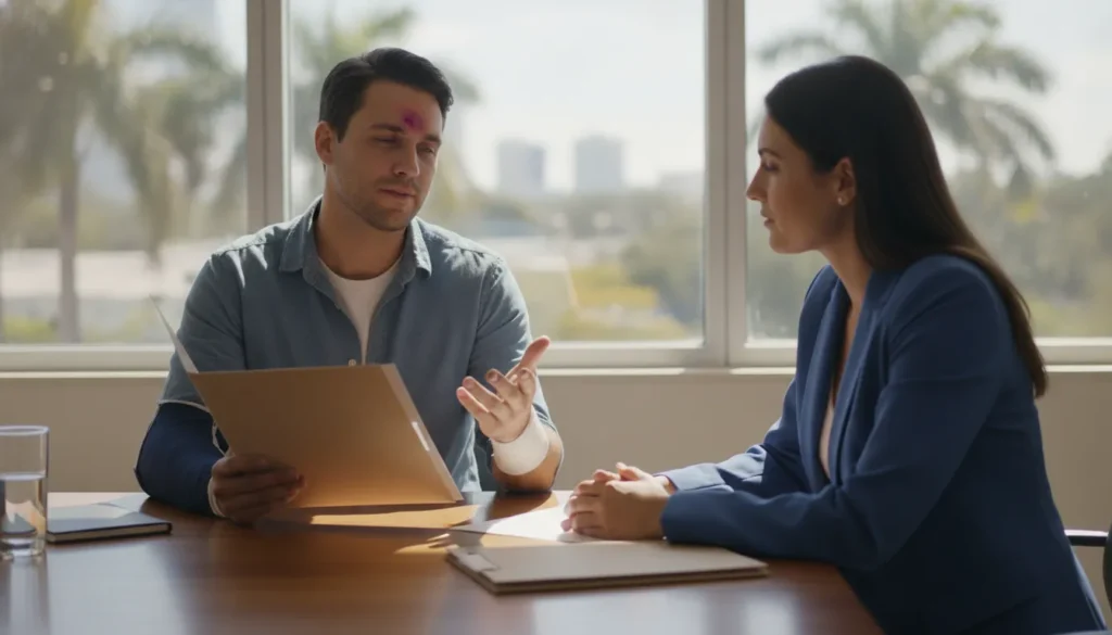 Injured driver reviewing a car accident claim with a legal professional in South Florida