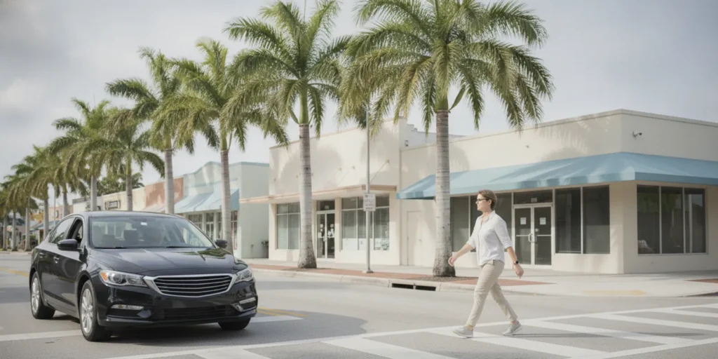 A pedestrian crossing a South Florida street near a vehicle, with a crosswalk and palm trees in view