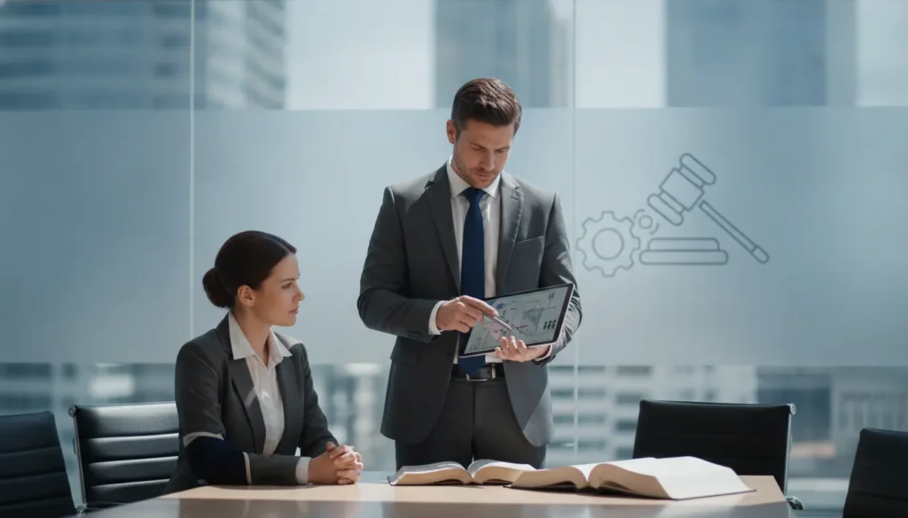 Two lawyers discussing a third-party liability claim for a workplace injury over legal documents.