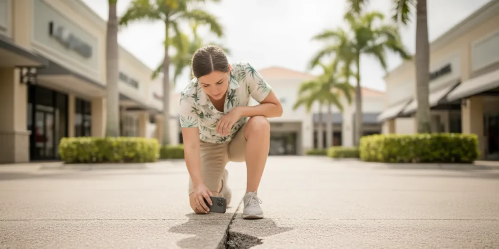 A person carefully photographing an uneven walkway after a trip and fall