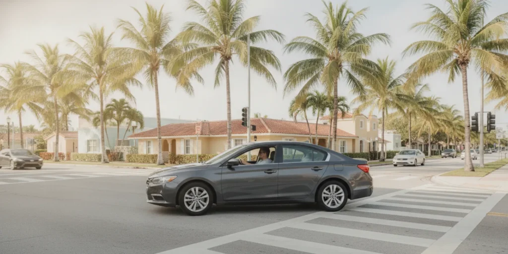 A South Florida intersection with a car, pedestrian crossing, and roadway signals in daylight