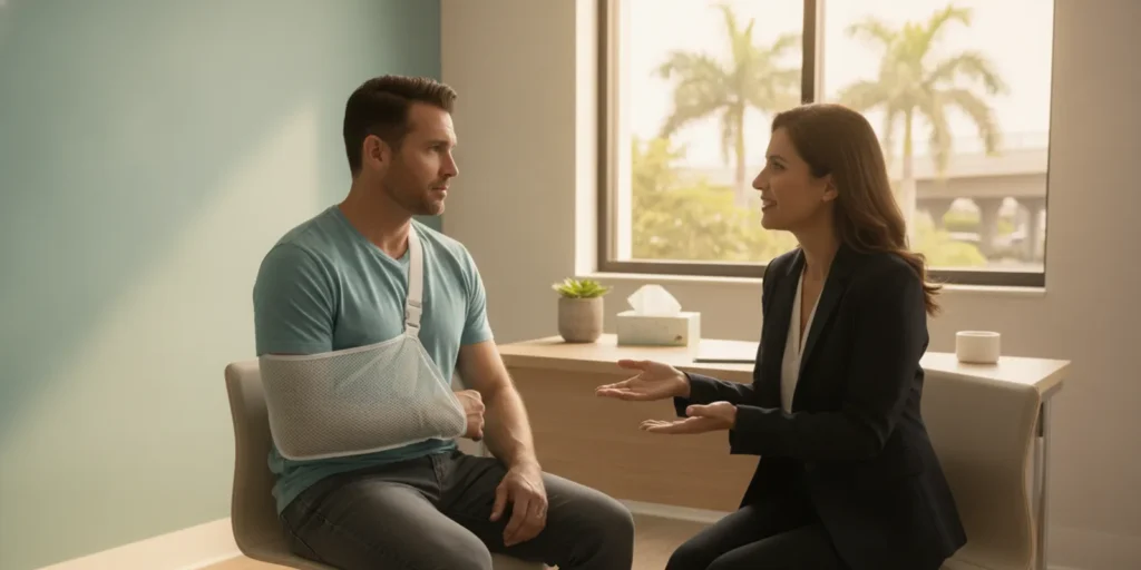 A clinician speaking with an adult patient in a calm examination room
