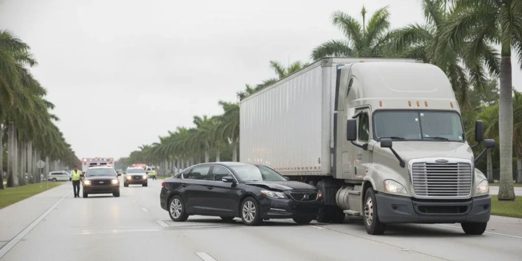 A damaged commercial truck and passenger vehicle on a Florida roadway after a collision