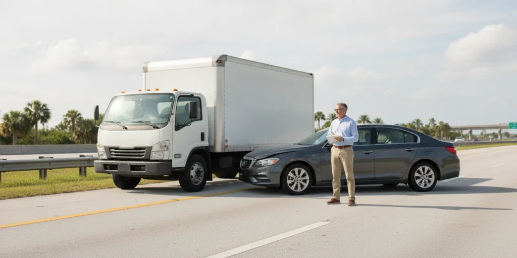 Damaged commercial truck and passenger car at a South Florida roadside after a collision