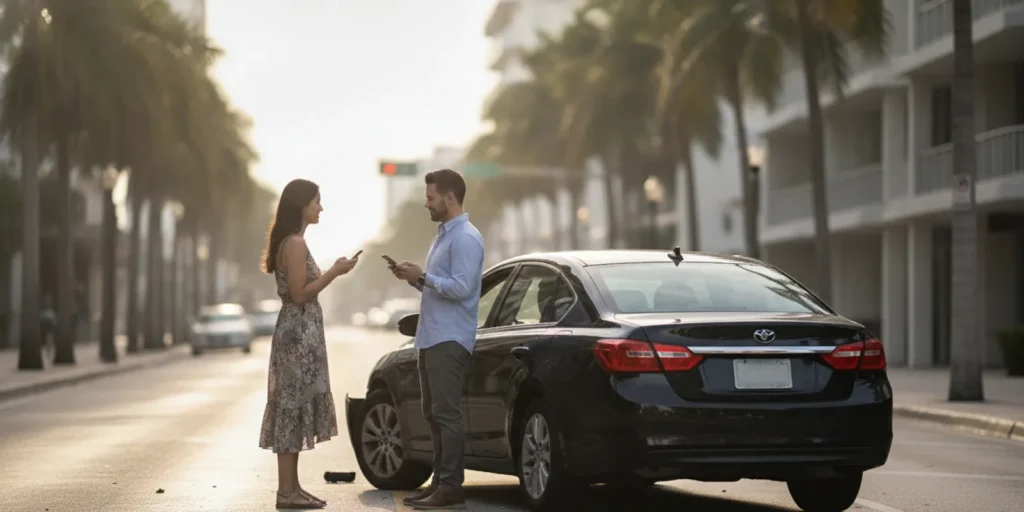 Rideshare driver and passenger discussing a collision beside a car